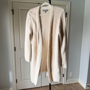 Marled Cream Fuzzy Open Cardigan Cozy Knit Sweater Size L